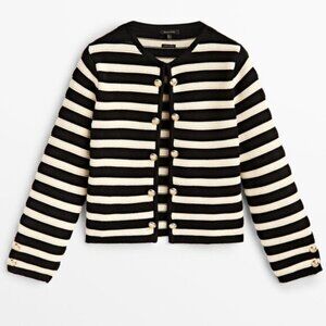 Massimo Dutti Cream and Black Stripes Cardigan Sweater With Double Buttons
